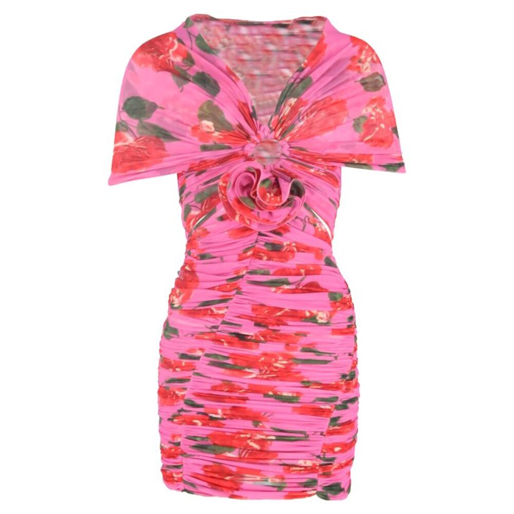 Magda Butrym Floral-Print Ruched Off-Shoulder Mini Dress In Pink Polyamide